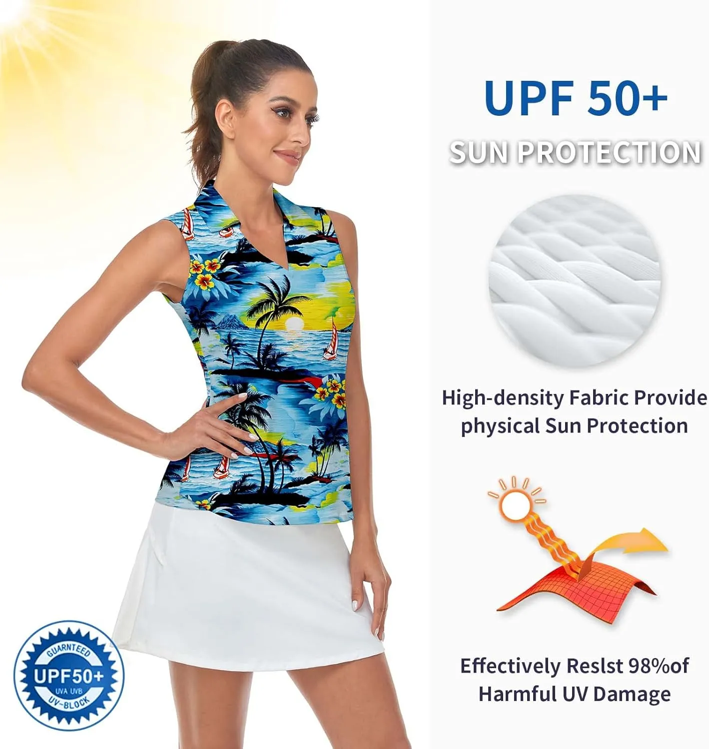 Soneven Women's Sleeveless Printed Polo Golf Shirts Quick Dry V-Neck Lightweight Tennis Tank Tops, 50  UV Protection
