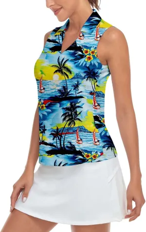 Soneven Women's Sleeveless Printed Polo Golf Shirts Quick Dry V-Neck Lightweight Tennis Tank Tops, 50  UV Protection