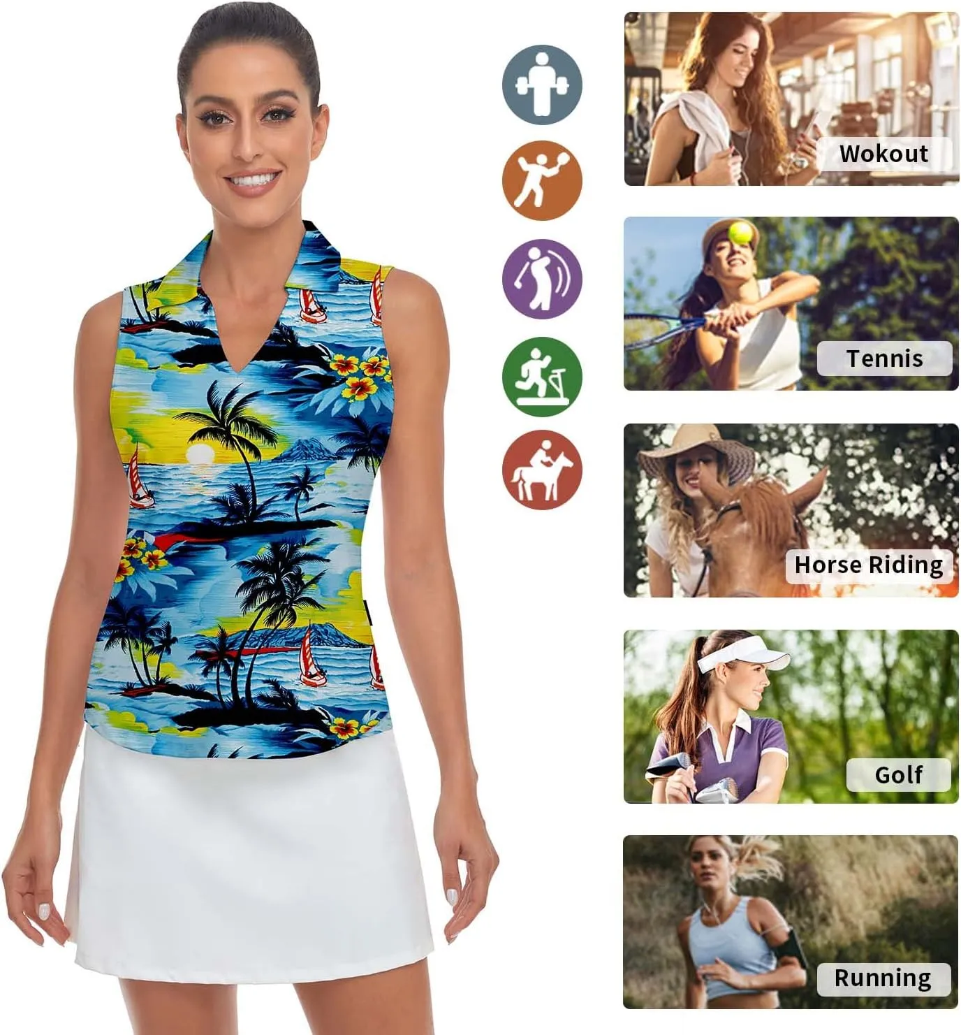 Soneven Women's Sleeveless Printed Polo Golf Shirts Quick Dry V-Neck Lightweight Tennis Tank Tops, 50  UV Protection