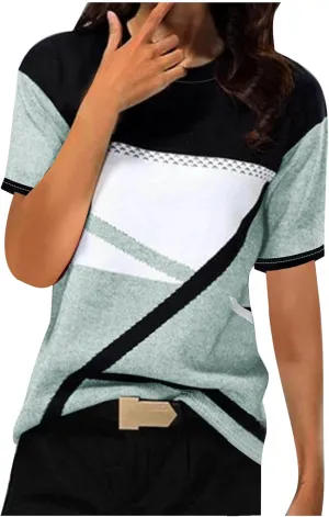 Summer New Geometric Pattern T Shirts for Women Casual Tops Crewneck Short Sleeve Tees Color Block Loose Blouses