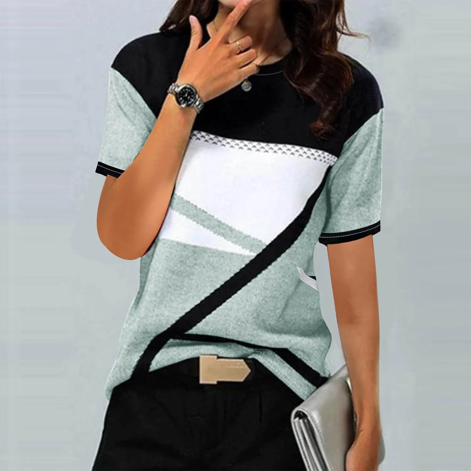 Summer New Geometric Pattern T Shirts for Women Casual Tops Crewneck Short Sleeve Tees Color Block Loose Blouses