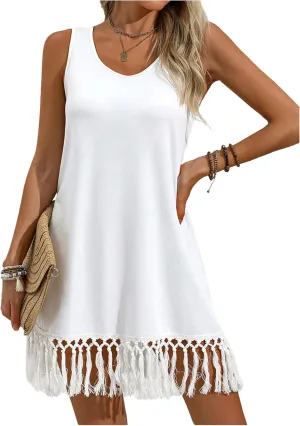 SweatyRocks Women's Sleeveless Fringe Trim Cover Up Dress Scoop Neck Tassel Tank Bech Dress