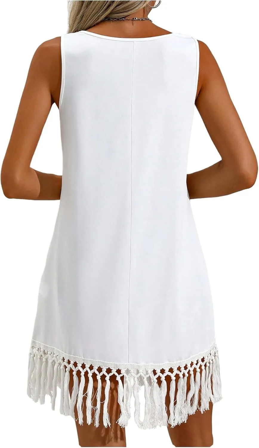 SweatyRocks Women's Sleeveless Fringe Trim Cover Up Dress Scoop Neck Tassel Tank Bech Dress
