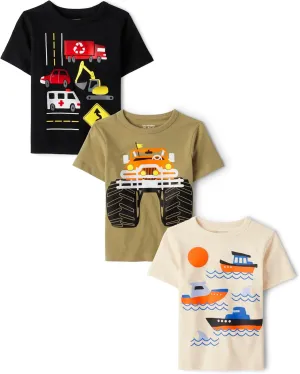 The Children's Place,and Toddler Boys Short Sleeve Graphic T-Shirt 3-Pack,Big Truck/Boats/Multi Vehicles,2T