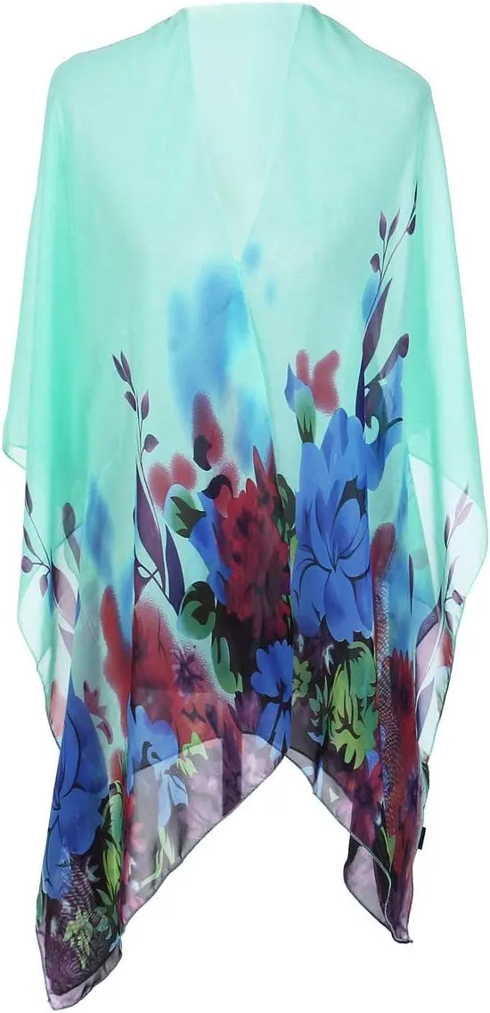 TrendsBlue Elegant Chiffon Floral Sheer Kimono Wrap Cardigan Beach Cover Up