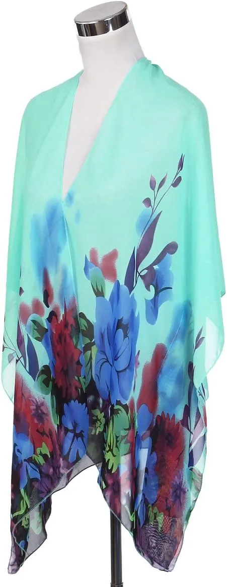 TrendsBlue Elegant Chiffon Floral Sheer Kimono Wrap Cardigan Beach Cover Up