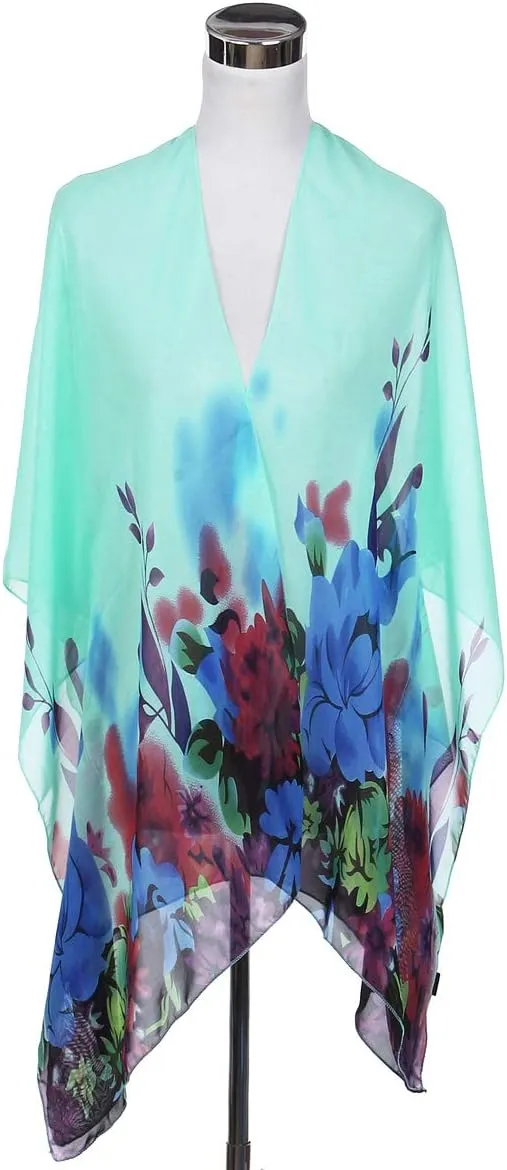 TrendsBlue Elegant Chiffon Floral Sheer Kimono Wrap Cardigan Beach Cover Up