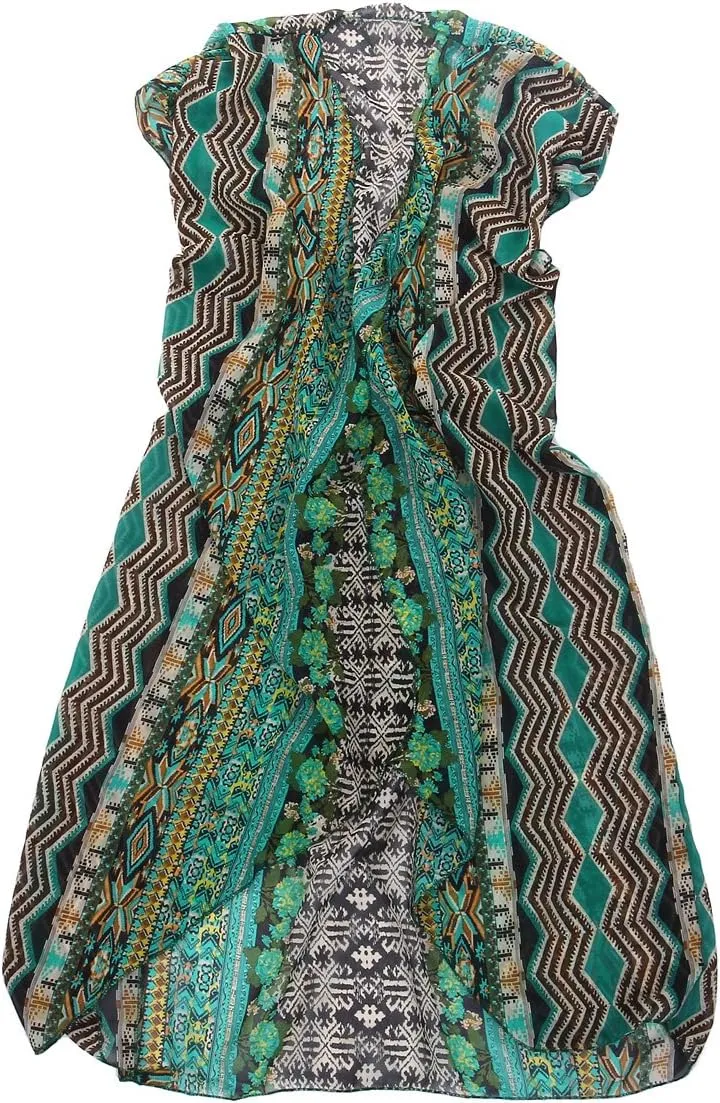 TrendsBlue Long Bohemian Tribal Chiffon Sheer Kimono Wrap Vest Beach Cover Up