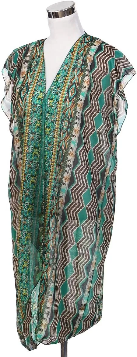 TrendsBlue Long Bohemian Tribal Chiffon Sheer Kimono Wrap Vest Beach Cover Up