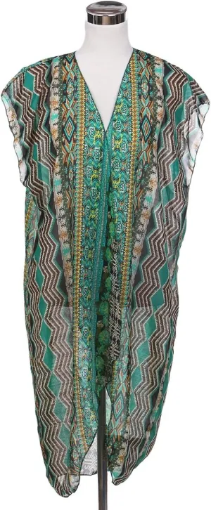 TrendsBlue Long Bohemian Tribal Chiffon Sheer Kimono Wrap Vest Beach Cover Up