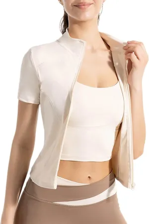 Uillui Athletic Zip Up Jacket Women UPF 50 Cropped Lightweight Workout Jacket Sports Short Sleeve Slim Fit Yoga Running Tops