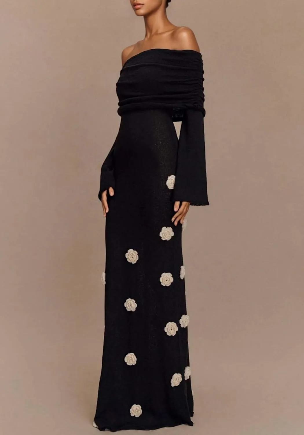Unybwonn Women Sexy Off Shoulder Crochet Maxi Dress Bodycon Stretchy Mesh Knit Dress Long Sleeve Tube Top Elegant Dresses