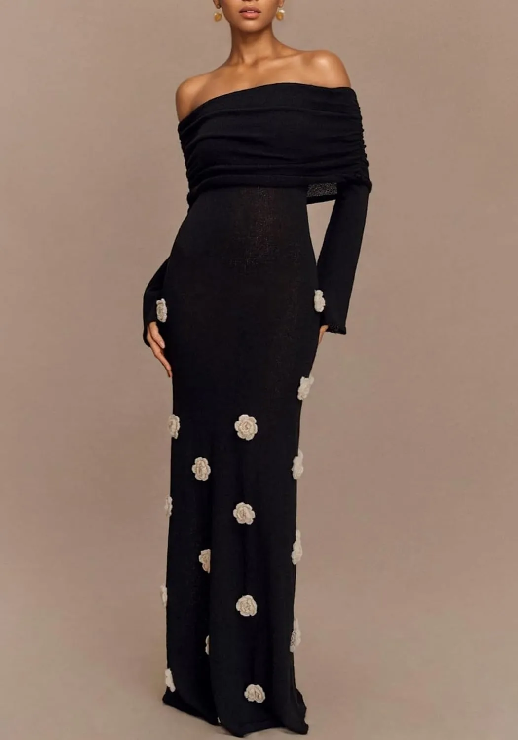 Unybwonn Women Sexy Off Shoulder Crochet Maxi Dress Bodycon Stretchy Mesh Knit Dress Long Sleeve Tube Top Elegant Dresses