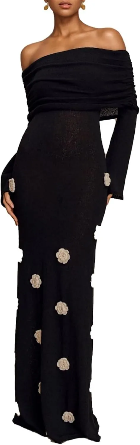 Unybwonn Women Sexy Off Shoulder Crochet Maxi Dress Bodycon Stretchy Mesh Knit Dress Long Sleeve Tube Top Elegant Dresses