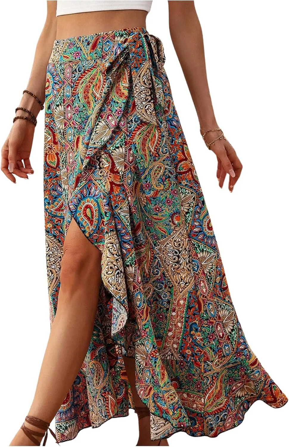 Verdusa Women's Asymmetrical Wrap Skirt Flowy Floral High Waist Split Side Maxi Vacation Skirt
