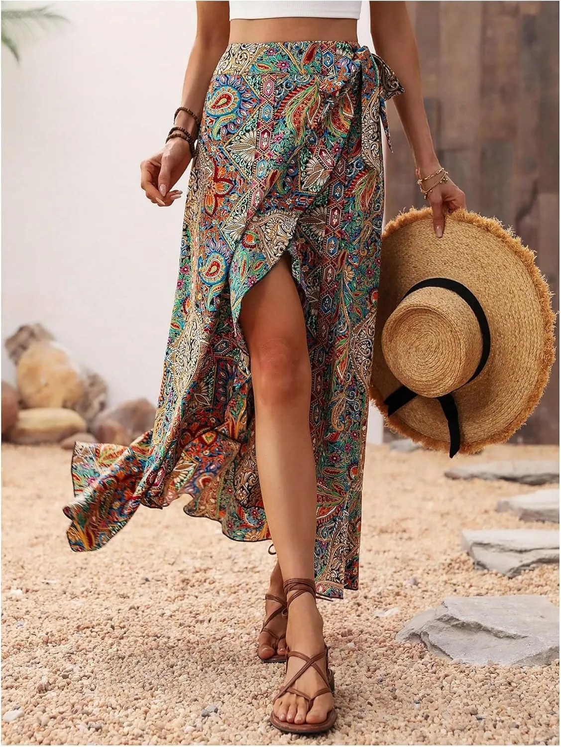 Verdusa Women's Asymmetrical Wrap Skirt Flowy Floral High Waist Split Side Maxi Vacation Skirt