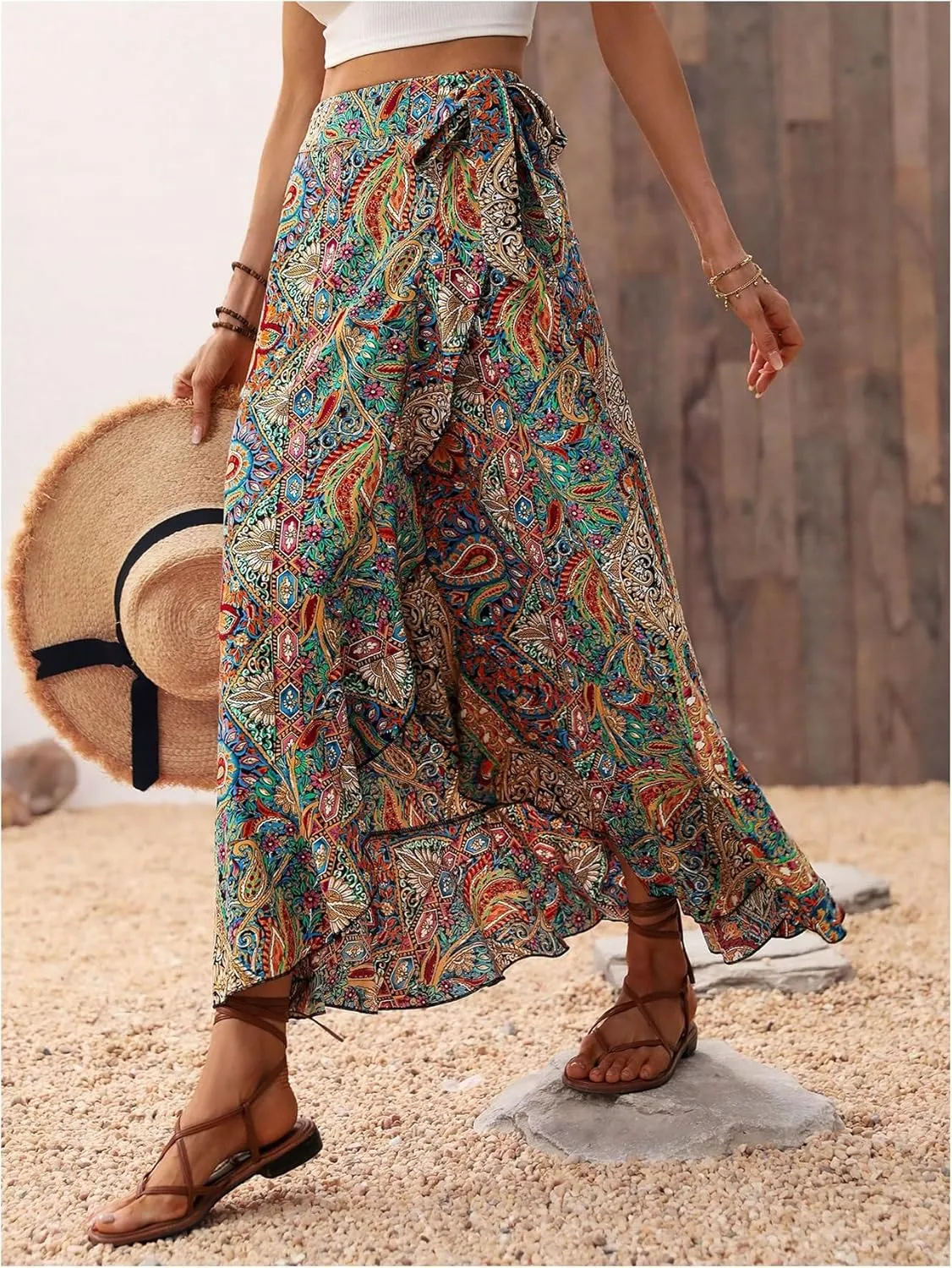 Verdusa Women's Asymmetrical Wrap Skirt Flowy Floral High Waist Split Side Maxi Vacation Skirt