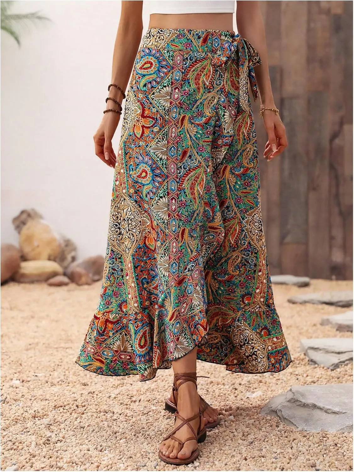 Verdusa Women's Asymmetrical Wrap Skirt Flowy Floral High Waist Split Side Maxi Vacation Skirt