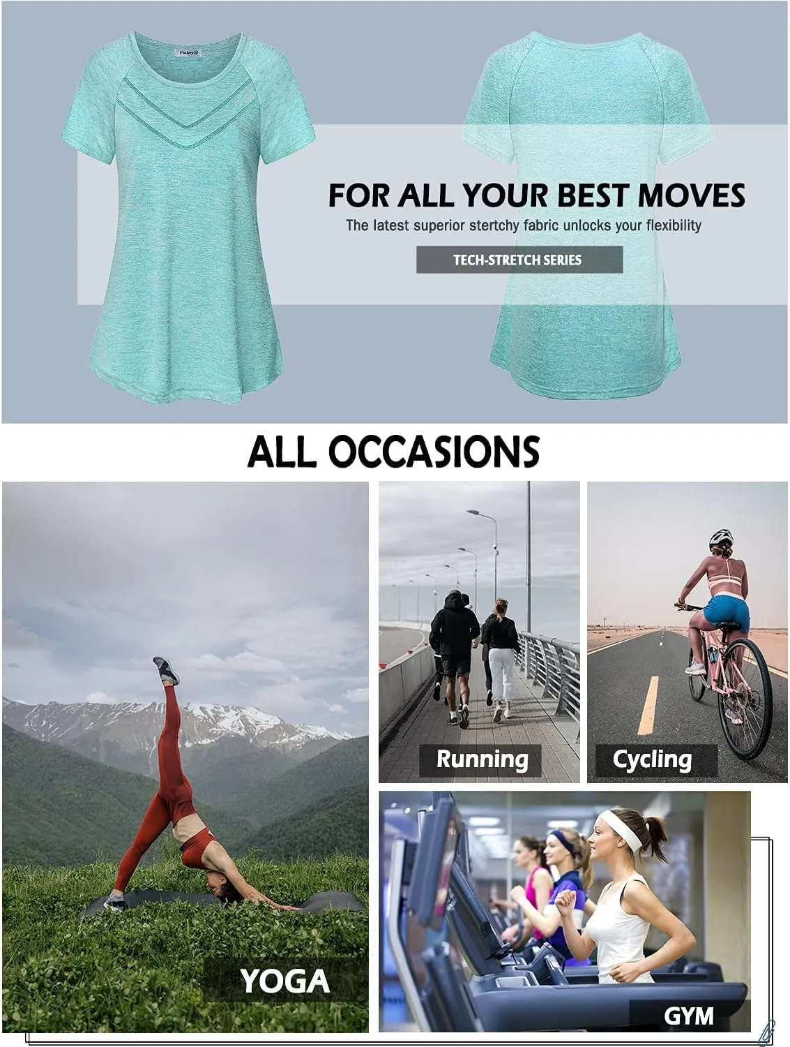 Vindery Women Quick-Dry Line Decor Front Yoga Workout Shirts Athletic Gym Loose Fit Tops