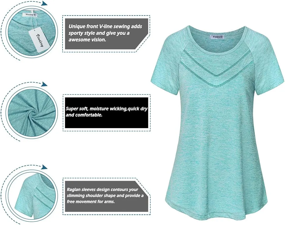 Vindery Women Quick-Dry Line Decor Front Yoga Workout Shirts Athletic Gym Loose Fit Tops