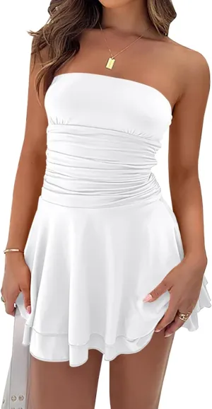 Women 2025 Summer Strapless Tube Dress Sexy Off Shoulder Ruffle Tiered Flowy Mini Dresses Vacation Outfits