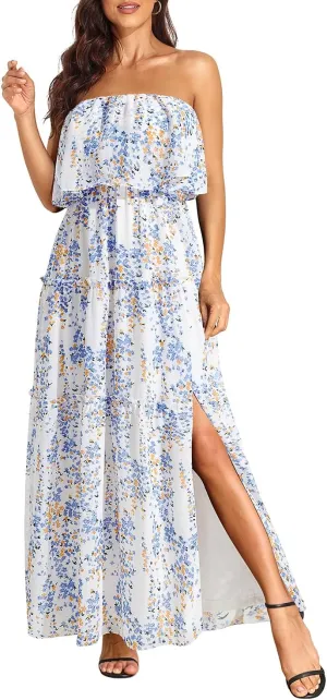 Women Strapless Summer Dress - Boho Chiffon Maxi Beach Side Split Tiered Long Sundresses