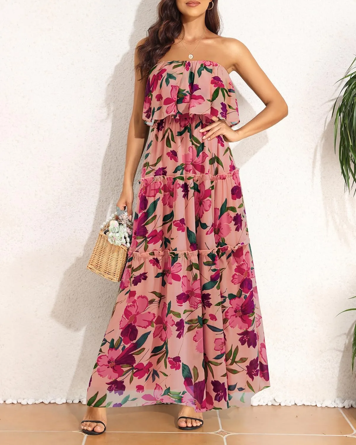 Women Strapless Summer Dress - Boho Chiffon Maxi Beach Side Split Tiered Long Sundresses