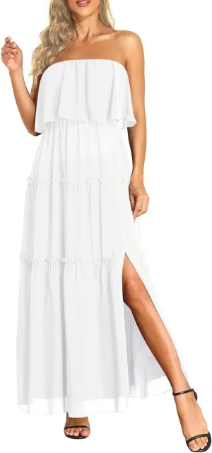 Women Strapless Summer Dress - Boho Chiffon Maxi Beach Side Split Tiered Long Sundresses