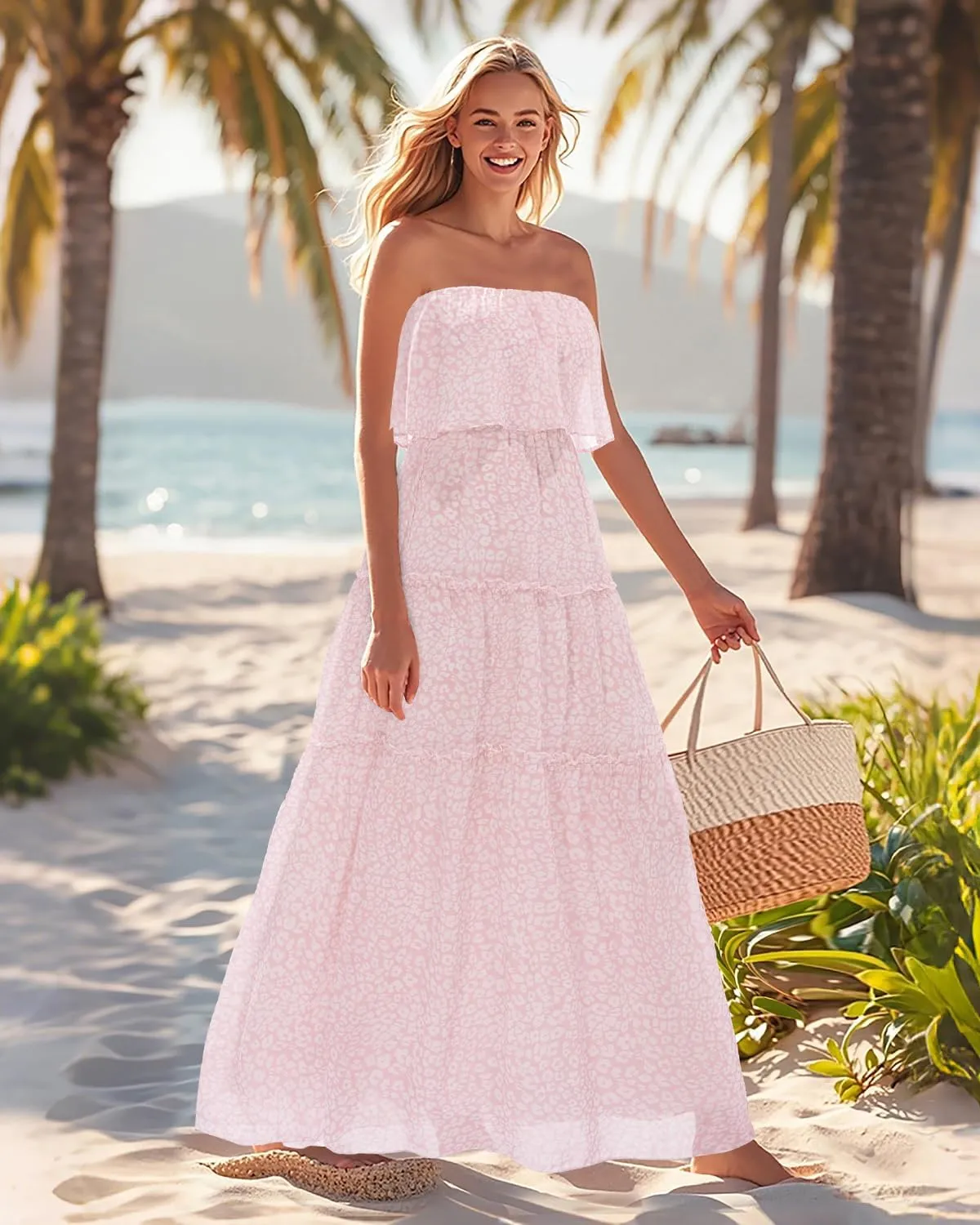Women Strapless Summer Dress - Boho Chiffon Maxi Beach Side Split Tiered Long Sundresses