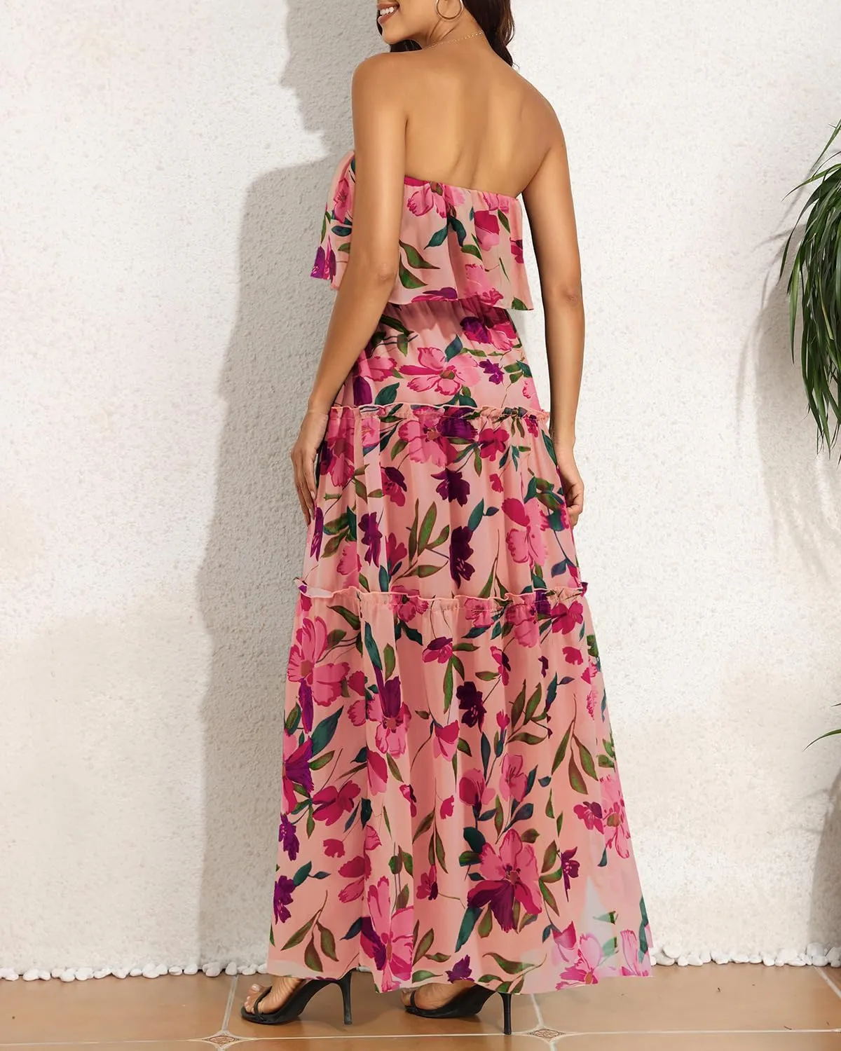 Women Strapless Summer Dress - Boho Chiffon Maxi Beach Side Split Tiered Long Sundresses