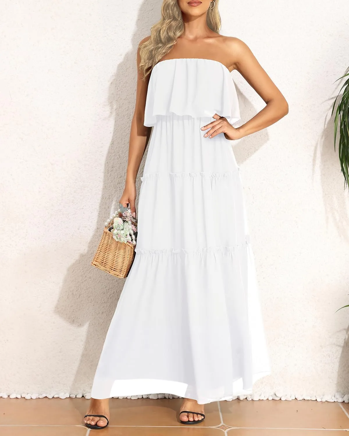 Women Strapless Summer Dress - Boho Chiffon Maxi Beach Side Split Tiered Long Sundresses