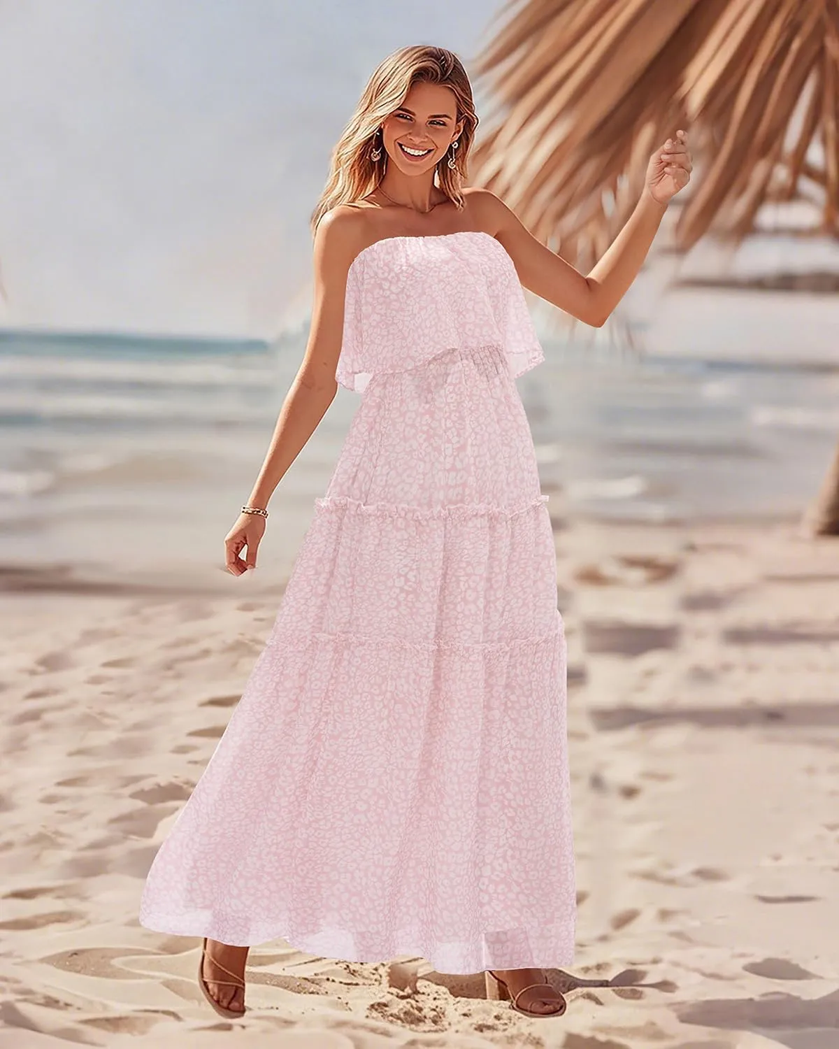 Women Strapless Summer Dress - Boho Chiffon Maxi Beach Side Split Tiered Long Sundresses