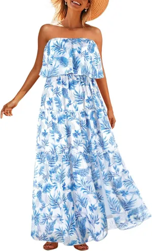 Women Strapless Summer Dress - Boho Chiffon Maxi Beach Side Split Tiered Long Sundresses