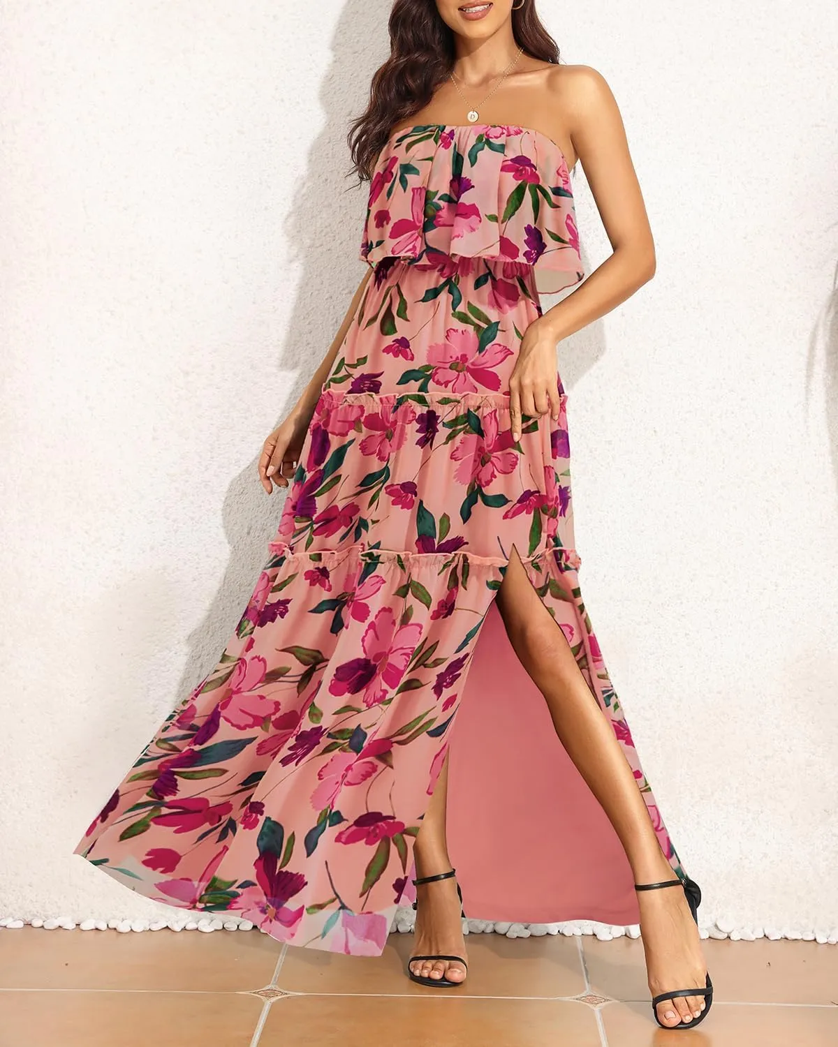 Women Strapless Summer Dress - Boho Chiffon Maxi Beach Side Split Tiered Long Sundresses