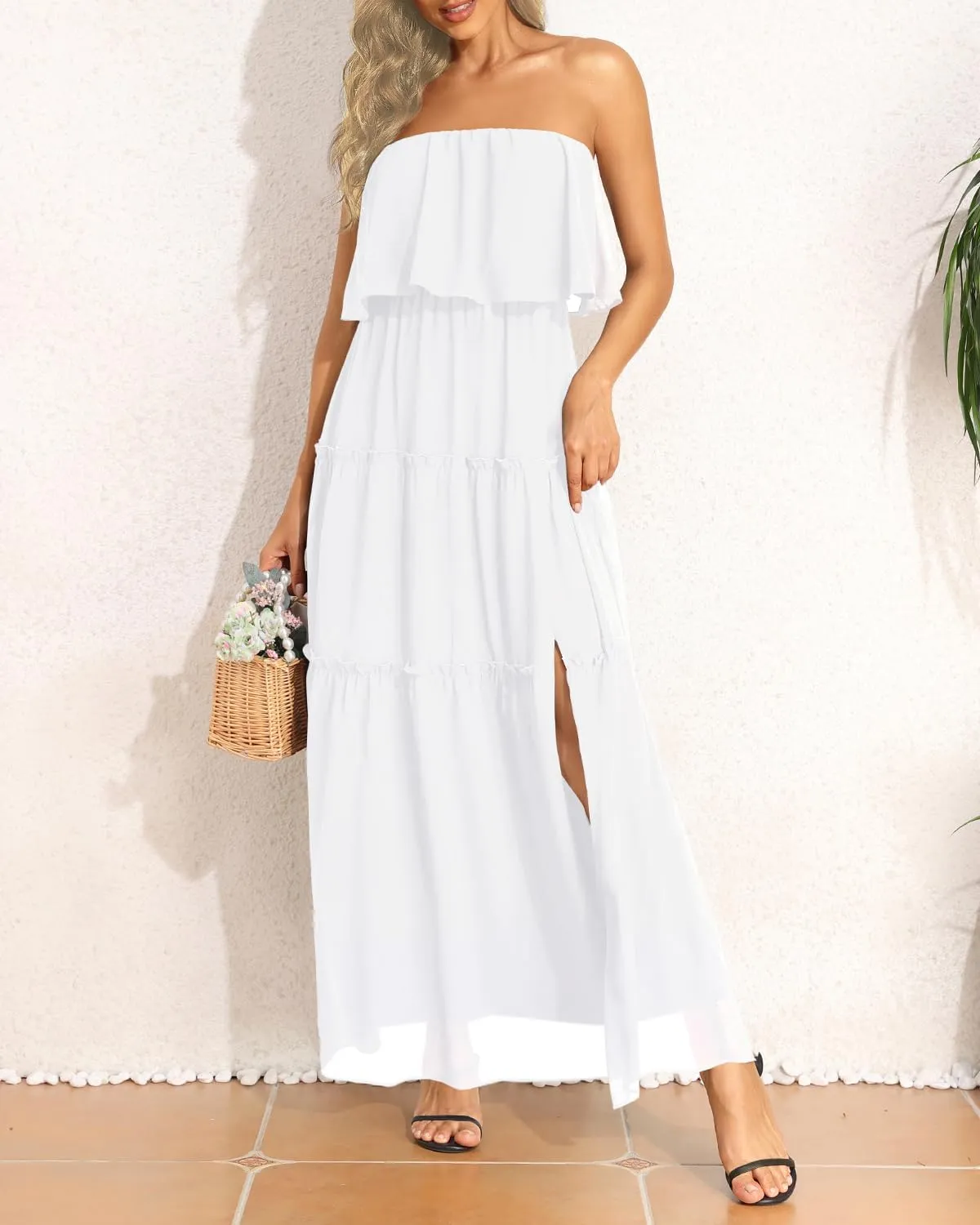 Women Strapless Summer Dress - Boho Chiffon Maxi Beach Side Split Tiered Long Sundresses