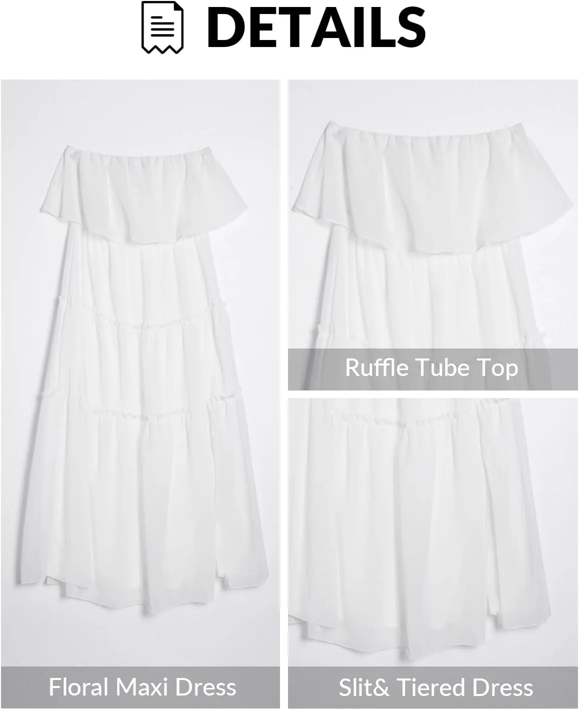 Women Strapless Summer Dress - Boho Chiffon Maxi Beach Side Split Tiered Long Sundresses