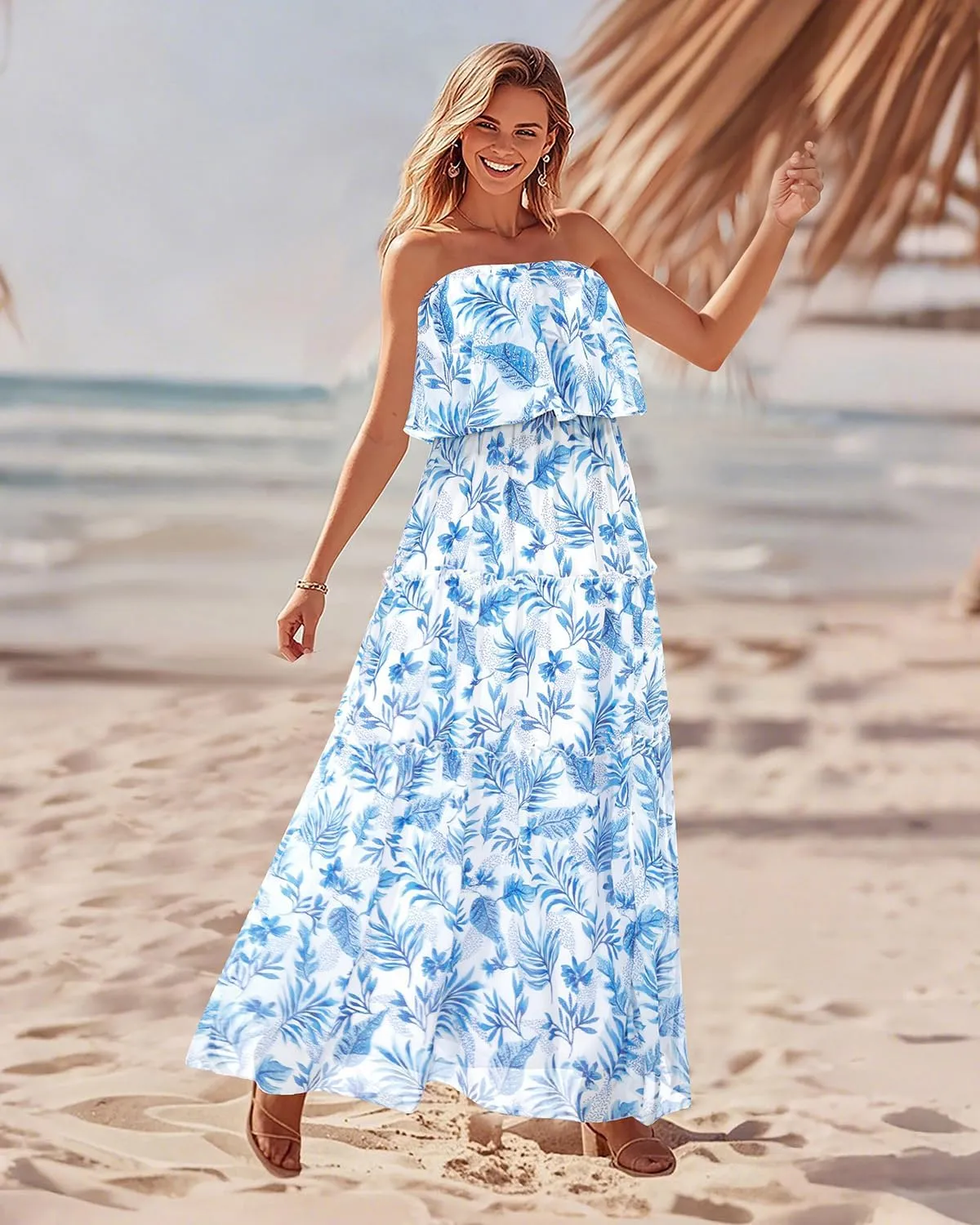 Women Strapless Summer Dress - Boho Chiffon Maxi Beach Side Split Tiered Long Sundresses