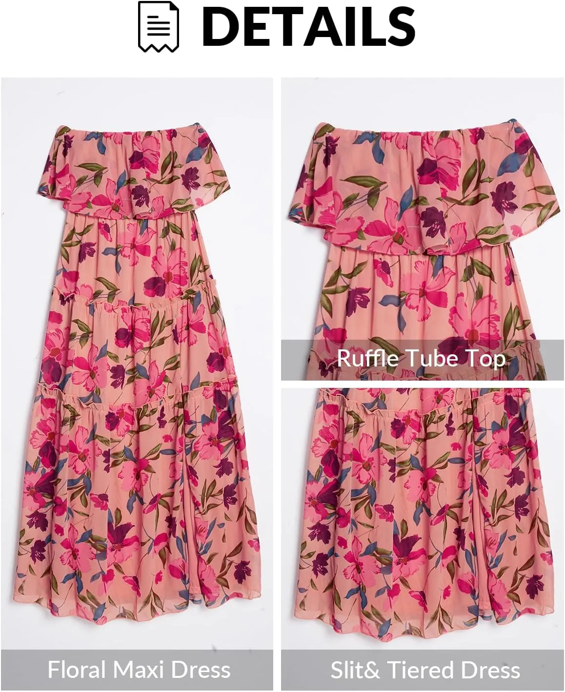 Women Strapless Summer Dress - Boho Chiffon Maxi Beach Side Split Tiered Long Sundresses