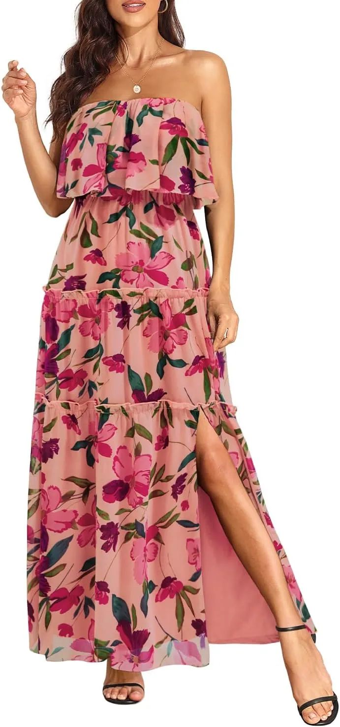 Women Strapless Summer Dress - Boho Chiffon Maxi Beach Side Split Tiered Long Sundresses