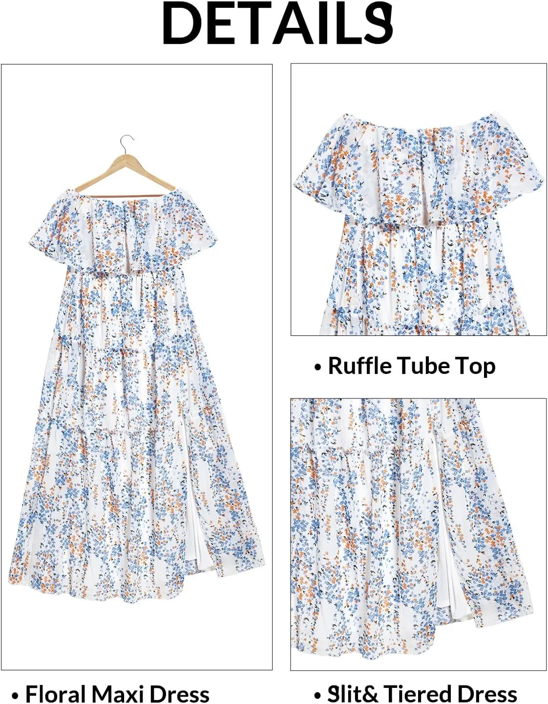 Women Strapless Summer Dress - Boho Chiffon Maxi Beach Side Split Tiered Long Sundresses