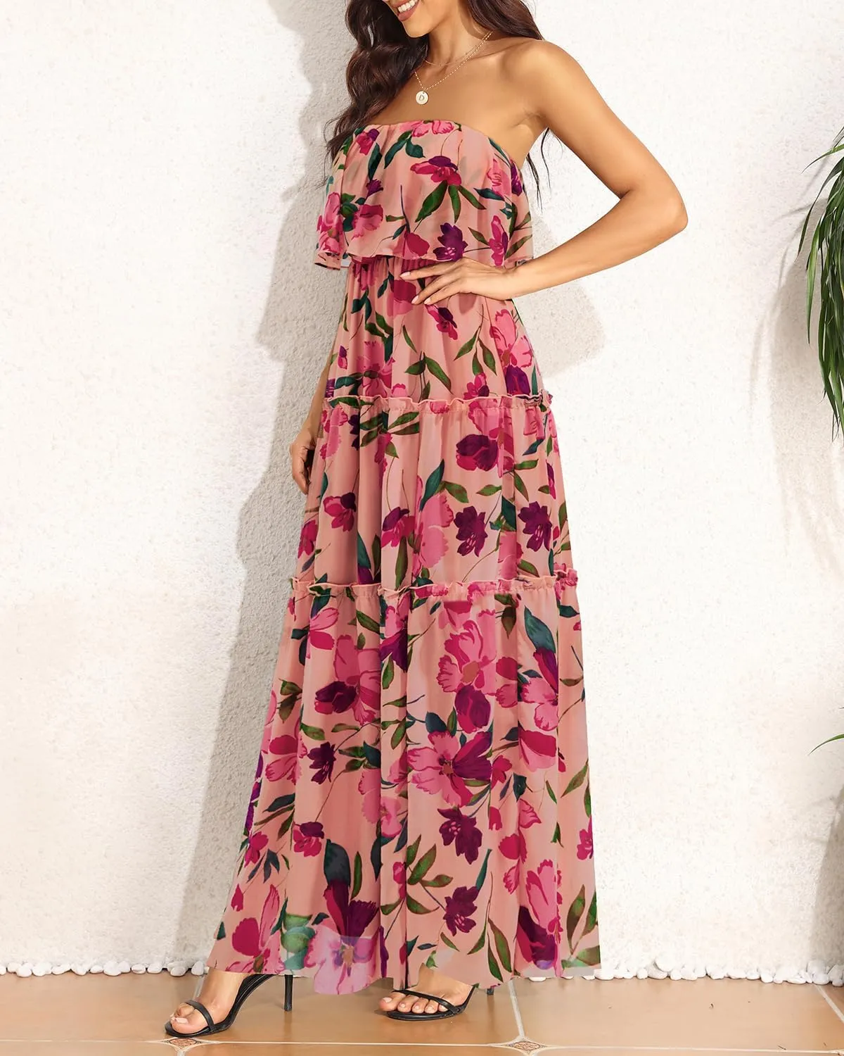 Women Strapless Summer Dress - Boho Chiffon Maxi Beach Side Split Tiered Long Sundresses