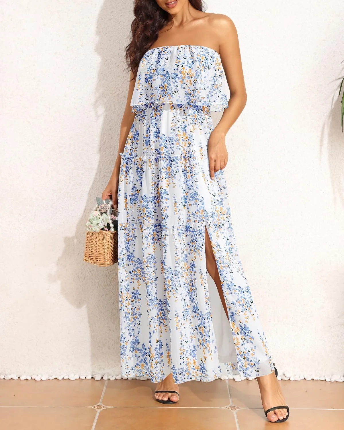 Women Strapless Summer Dress - Boho Chiffon Maxi Beach Side Split Tiered Long Sundresses