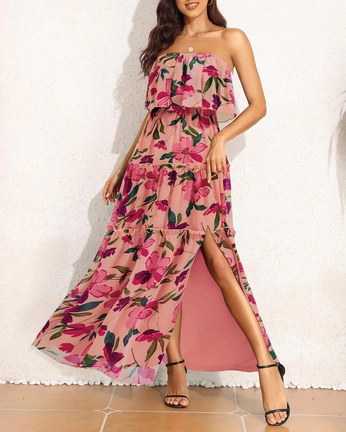 Women Strapless Summer Dress - Boho Chiffon Maxi Beach Side Split Tiered Long Sundresses