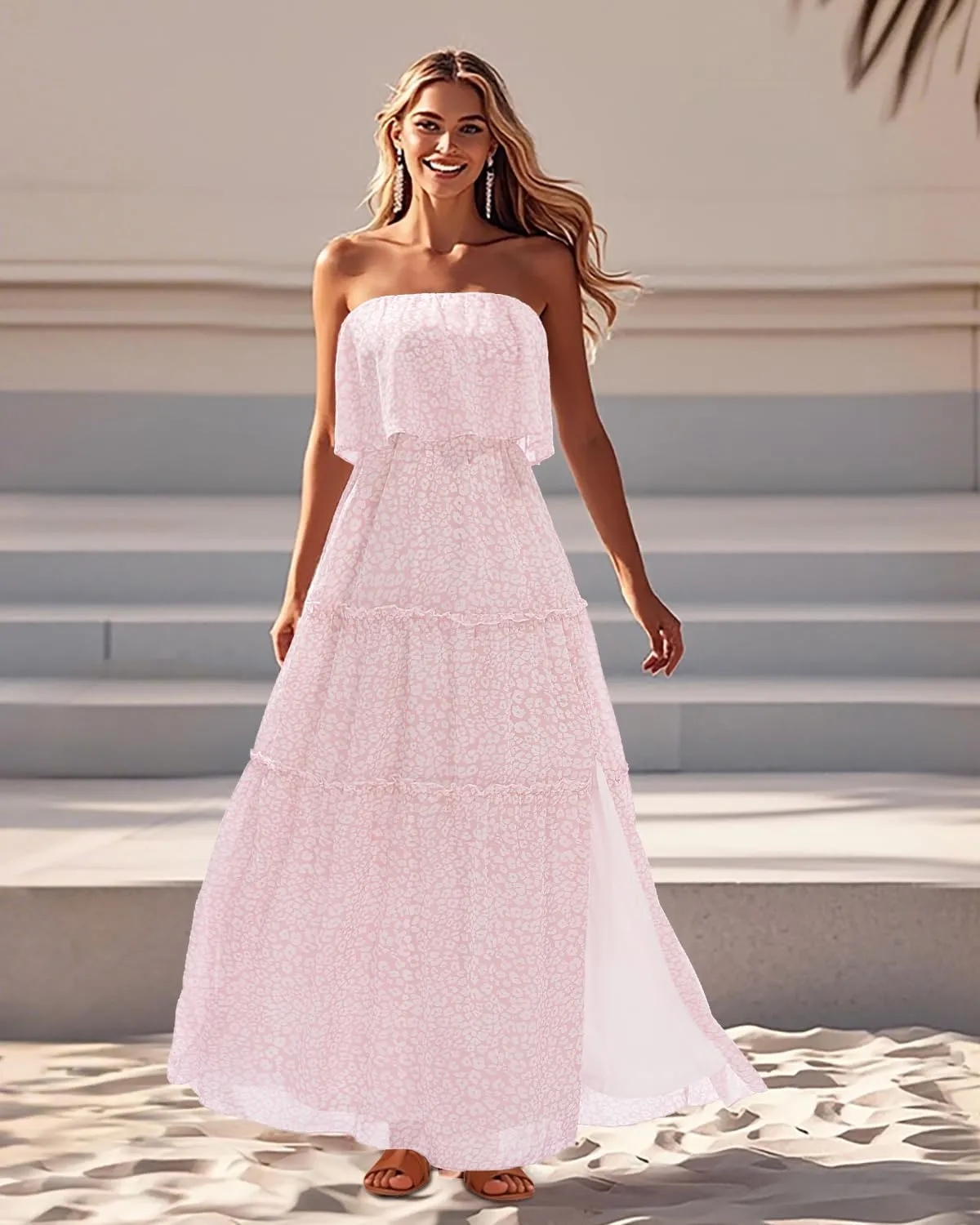 Women Strapless Summer Dress - Boho Chiffon Maxi Beach Side Split Tiered Long Sundresses