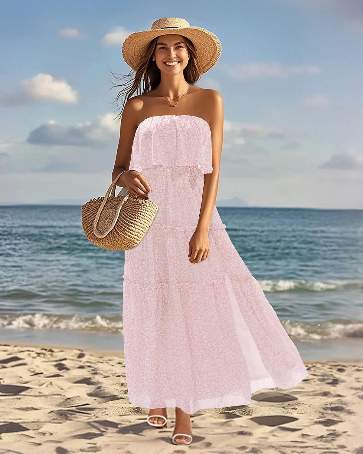 Women Strapless Summer Dress - Boho Chiffon Maxi Beach Side Split Tiered Long Sundresses
