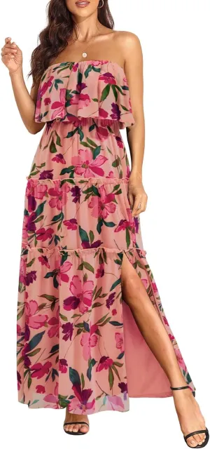 Women Strapless Summer Dress - Boho Chiffon Maxi Beach Side Split Tiered Long Sundresses