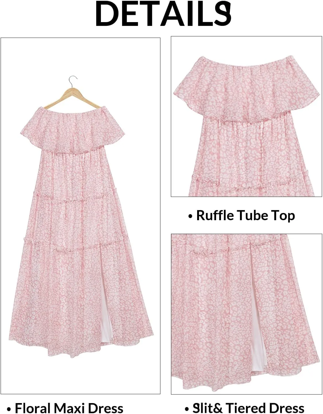 Women Strapless Summer Dress - Boho Chiffon Maxi Beach Side Split Tiered Long Sundresses