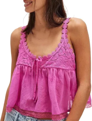 Women Summer Boho Tie Front Lace Trim Tank Tops Y2k Flowy Frilly Chiffon Vest Beach Button Ruffle Eyelet Tee Shirts