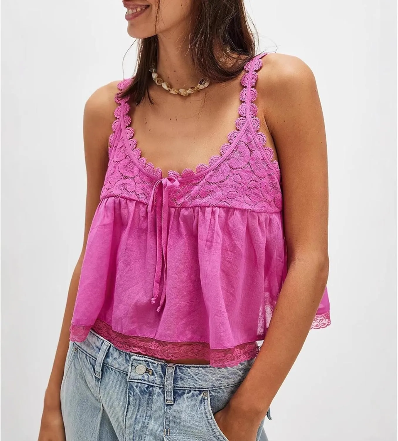 Women Summer Boho Tie Front Lace Trim Tank Tops Y2k Flowy Frilly Chiffon Vest Beach Button Ruffle Eyelet Tee Shirts