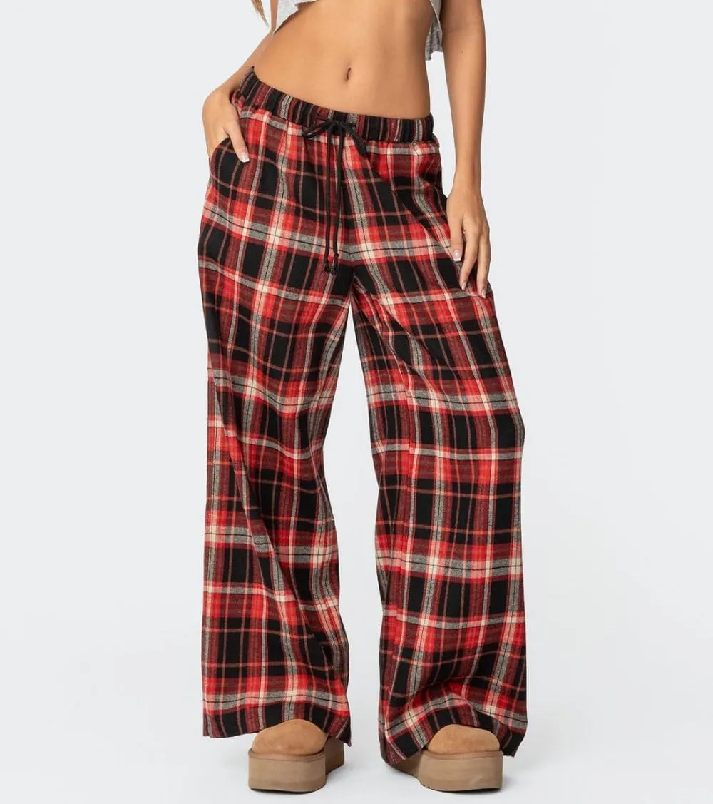 Women Y2k Plaid Wide Leg Pants Drawstring High Waisted Baggy Trousers Vintage Gingham Lounge Pants Streetwear